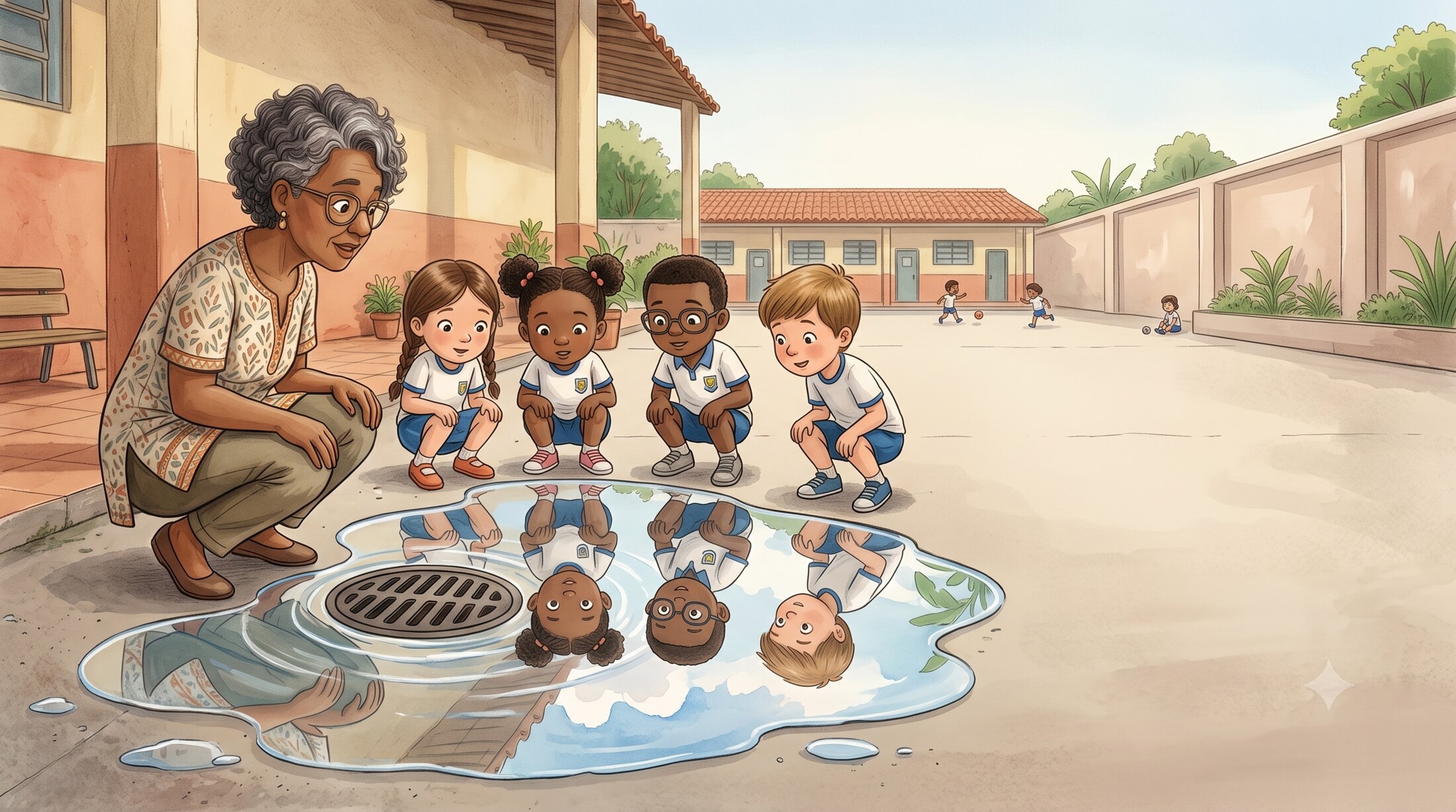 Educadora e crianças observam o reflexo da Cidade das Águas em uma poça