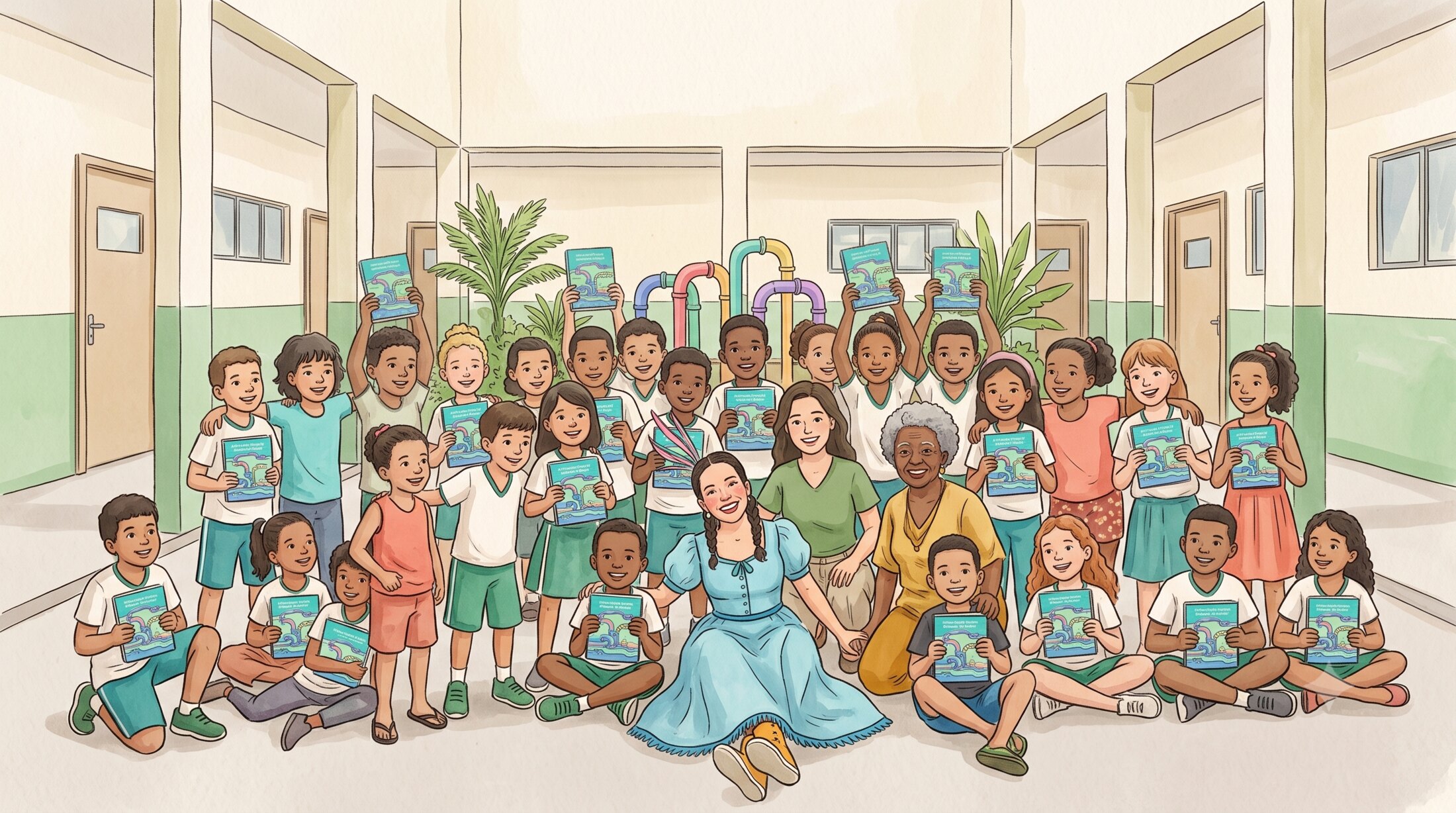 Turma reunida com os livros do projeto O Labirinto dos Canos