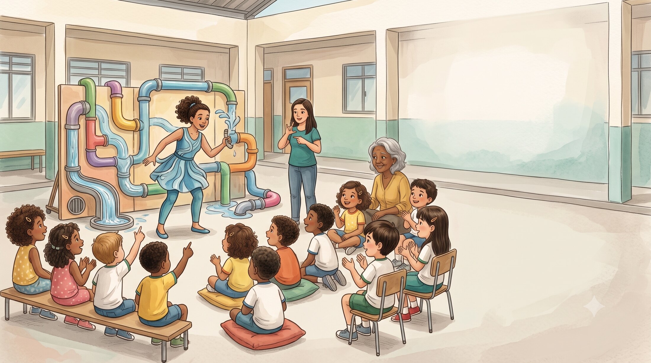 Espetáculo do Labirinto dos Canos apresentado para crianças na escola